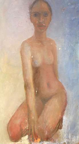 Modern British, oil on board, Study of a kneeling nude, 61 x...