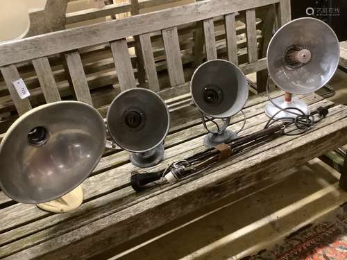 Five vintage heaters and lamps