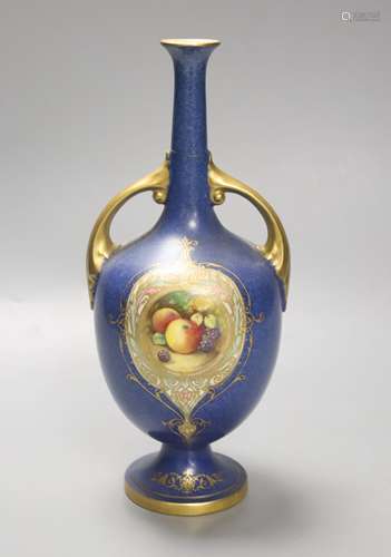 A Royal Worcester fruit painted two handled blue ground vase...