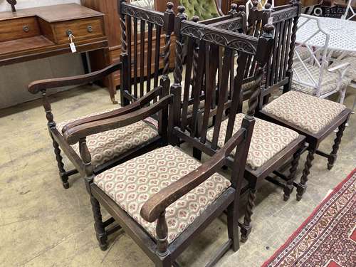 A set of six 1920's oak barleytwist dining chairs, two with ...