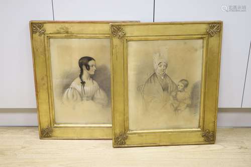 Victorian School, pair of charcoal and chalk, Portraits of M...