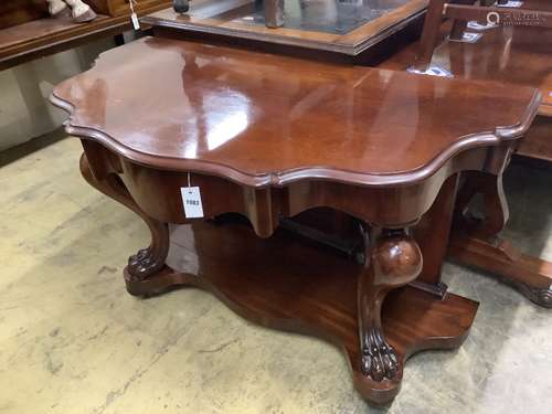 A Victorian mahogany two tier console table, width 120cm, de...