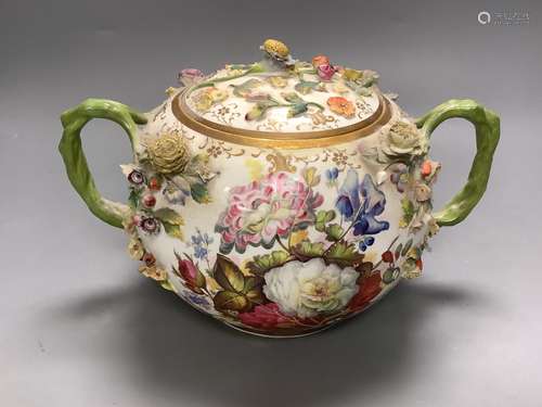 A Minton Meissen style flower encrusted large bowl and cover...