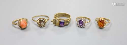 Five assorted modern 9ct gold and gem set rings, including c...