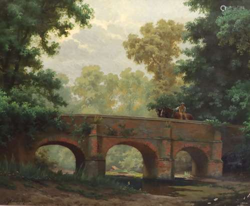 E.J. Humphries, oil on canvas, Horseman crossing a stone bri...