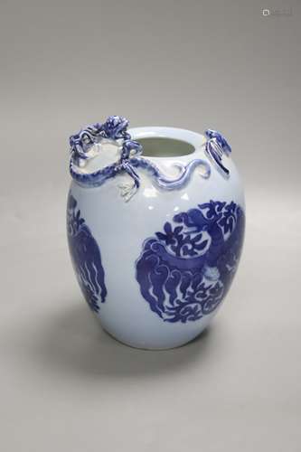 A Chinese blue ground blue and white dragon design vase, 17c...