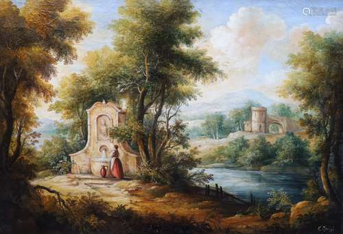 M. Merissi, oil on canvas, Italianate landscape with woman a...