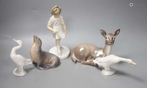 Five Royal Copenhagen and other Danish porcelain models of a...