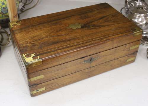 An early Victorian brass bound rosewood writing box, 46 x 17...