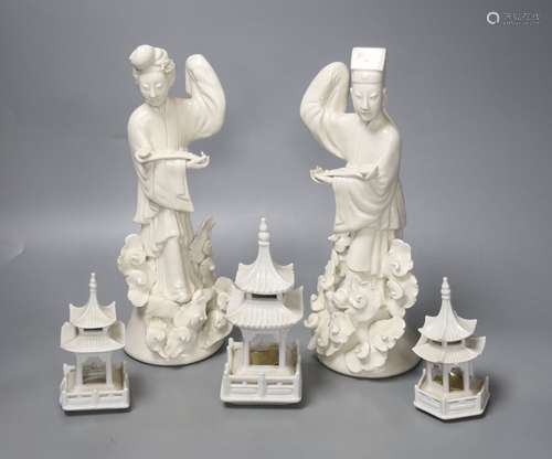 Two blanc de chine figures and three others, tallest 28cm