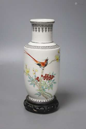 A Chinese famille rose vase, on stand, overall 23cm