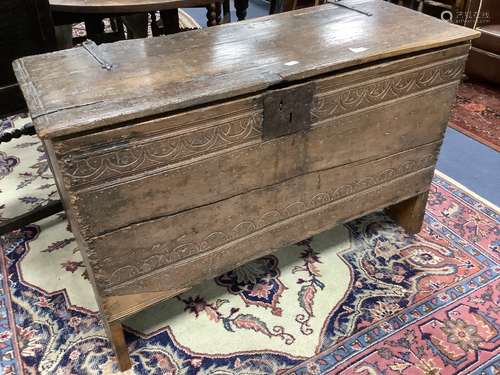 An early English oak six plank coffer, with shallow incised ...