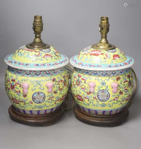 A pair of Chinese yellow ground porcelain table lamps, heigh...