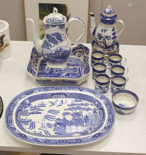 A Wedgwood blue and white willow pattern meat dish, a Copela...