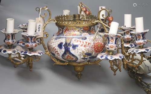 A 19th century spelter and Imari three branch chandelier, co...