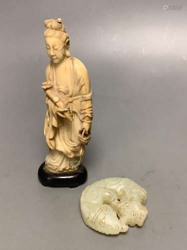 A 19th century Chinese ivory figure and a bowenite jade carv...