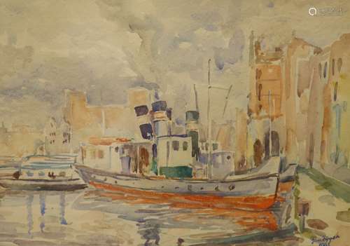 Jan Zipper, watercolour, Tug boats in harbour, signed and da...