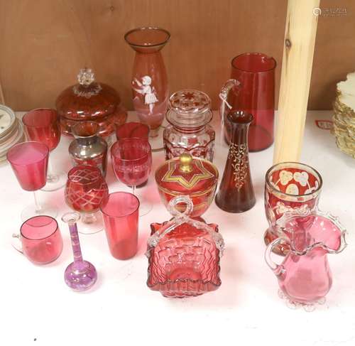 A collection of cranberry and ruby glassware including a 'Ma...