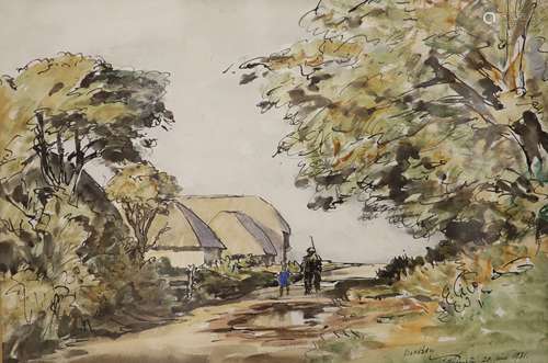 James McBey (1883-1959), ink and watercolour, Figures in a l...