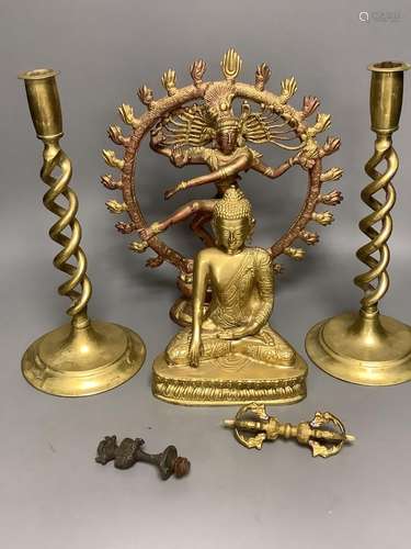 A Bronze Buddha, Indian tantric figure, a pair of brass cand...