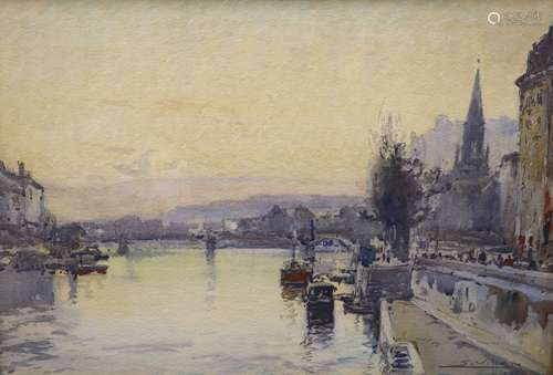 S. Villesin, watercolour, View along The Seine, signed and d...