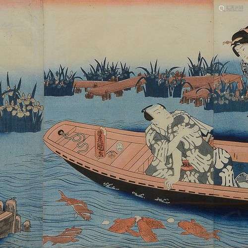 Utagawa Toyokuni III, Japon, ca. 1858Pentaptyque, encre et p...