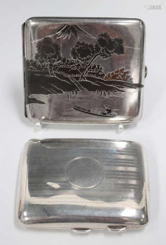 A Japanese sterling cigarette case with mixed metal decorate...