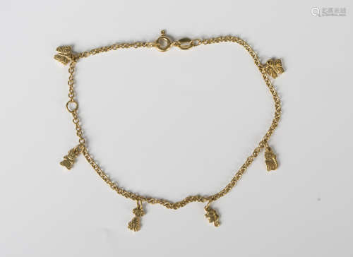 A gold charm bracelet, fitted with six small animal charms, ...