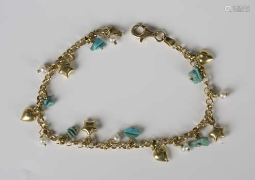 A gold, turquoise and seed pearl bracelet, hung with gold st...