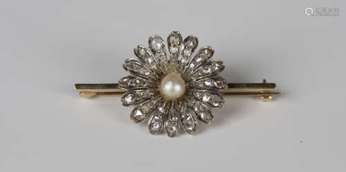 A gold and silver set, diamond and cultured pearl bar brooch...