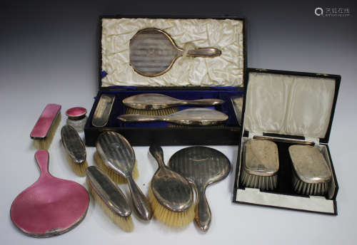 A George V silver five-piece dressing table set with banded ...