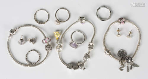 A collection of Pandora silver jewellery, comprising three b...