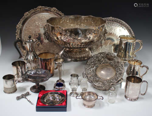 A collection of assorted plated items, including tankards an...