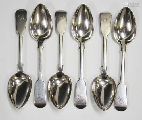 A set of six Victorian silver Fiddle pattern dessert spoons,...