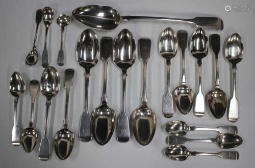 An early Victorian part canteen of silver Fiddle pattern cut...