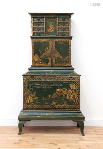 A Northern European green-lacquered and japanned cabinet on ...