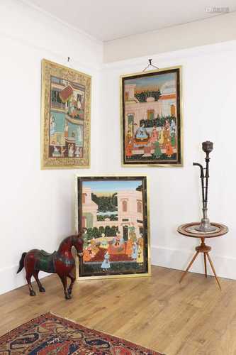 A pair of large Indian Mughal-style paintings,