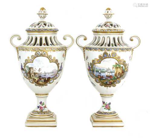 A pair of Dresden urn vases and covers,