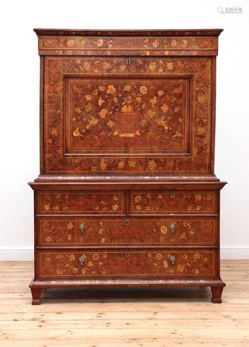 A Dutch walnut and marquetry inlaid escritoire,