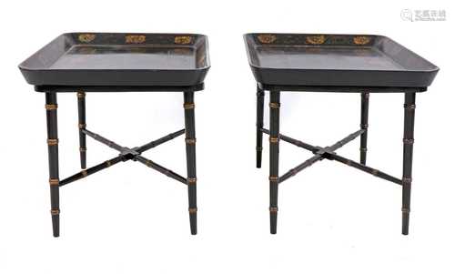 A pair of Regency-style papier mâché tray-top side tables,