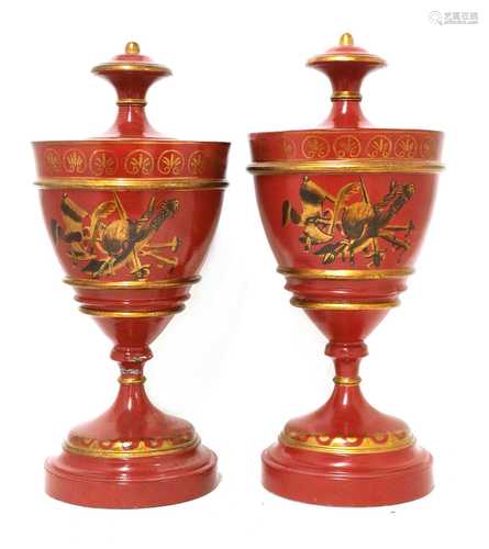 A pair of Regency-style toleware urns