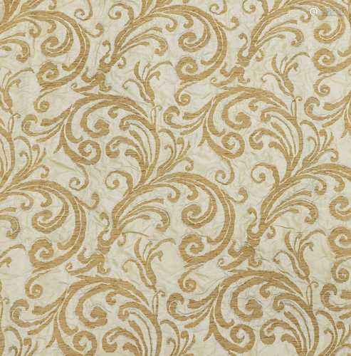 Two pairs of brocaded yellow silk interlined curtains,