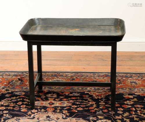 A Regency black lacquer galleried tray on stand,