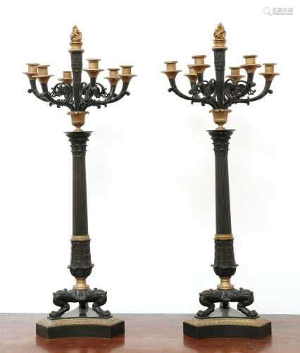 A pair of large gilt and patinated bronze seven-light candel...