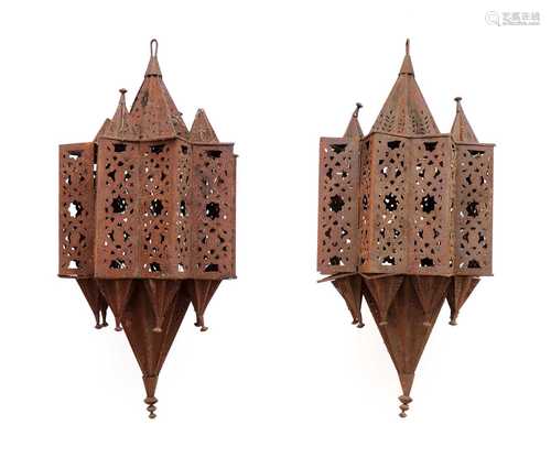 A large pair of Moroccan iron lanterns,