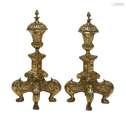 A pair of large baroque-style cast bronze andirons,