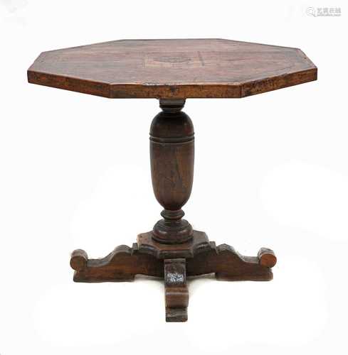 A walnut and inlaid octagonal pedestal centre table,