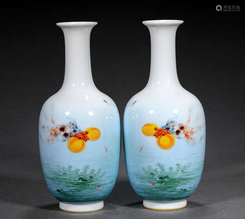 A PAIR OF ENEMAL PORCELAIN VASES