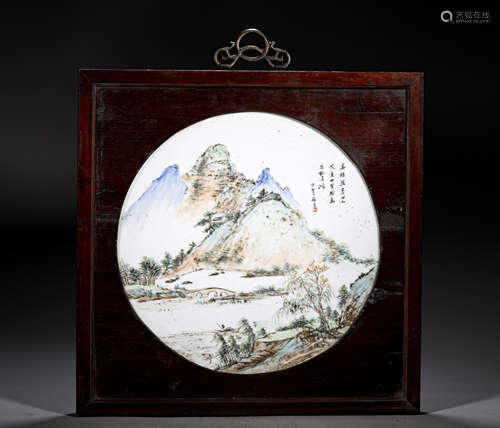 A CHINESE HAND-PAINTED LANDSCAPE PORCELAIN PLAQUE OR BOARD