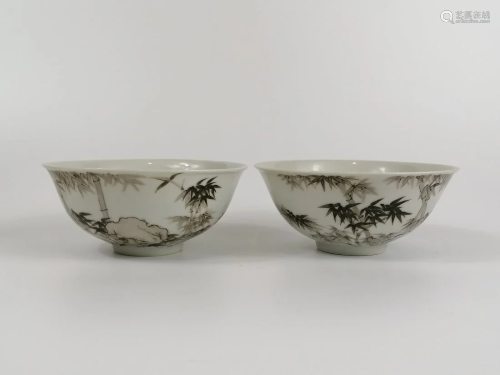 A pair of Ink colour enamelled porcelain bowl